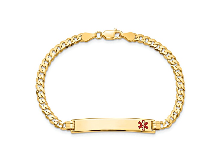 14k Yellow Gold Medical Red Enamel Flat Curb Link ID Bracelet
