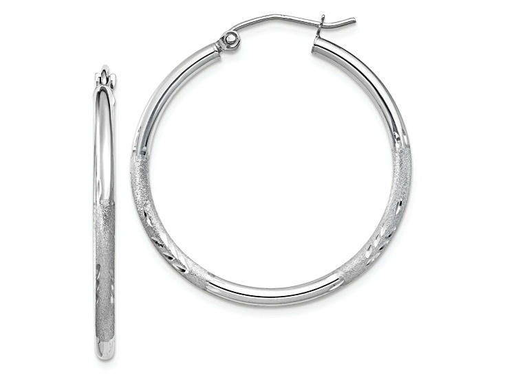 Rhodium Over 10k White Gold Satin and Diamond-Cut 1 3/16" Round Hoop Earrings