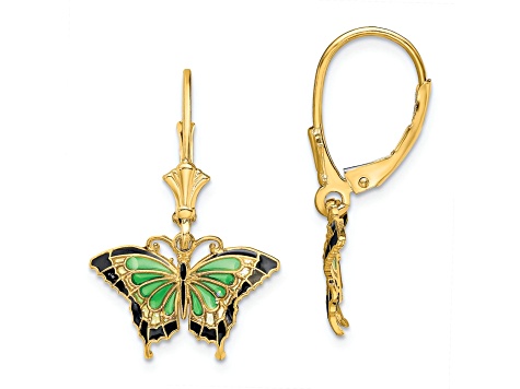 14k Yellow Gold Butterfly with Green and Black Enameled Wings Dangle Earrings