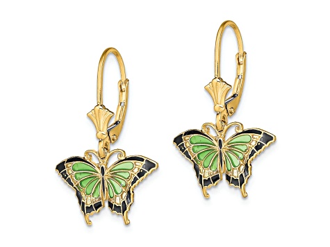 14k Yellow Gold Butterfly with Green and Black Enameled Wings Dangle Earrings