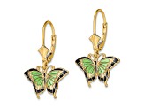 14k Yellow Gold Butterfly with Green and Black Enameled Wings Dangle Earrings