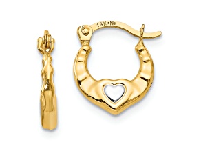 14K Yellow Gold with Rhodium Heart Hollow Hoop Earrings
