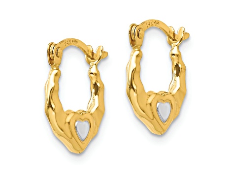 14K Yellow Gold with Rhodium Heart Hollow Hoop Earrings