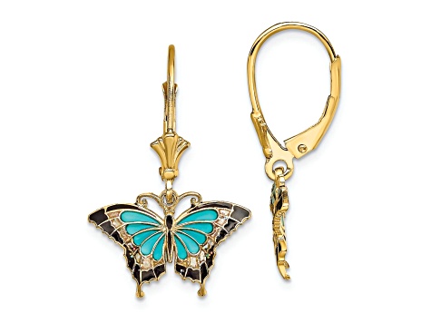 14k Yellow Gold with Aqua Enameled Wings Butterfly Dangle Earrings