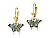 14k Yellow Gold with Aqua Enameled Wings Butterfly Dangle Earrings