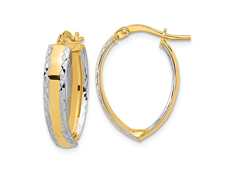 14K Two-tone Gold 7/8 inch Polished and Diamond-Cut In Out Hoop Earrings
