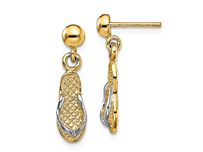 14K Yellow Gold and Rhodium Over 14K Yellow Gold Textured Flip Flop Dangle Earrings