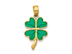 10K Yellow Gold Green Enameled Four Leaf Clover Pendant
