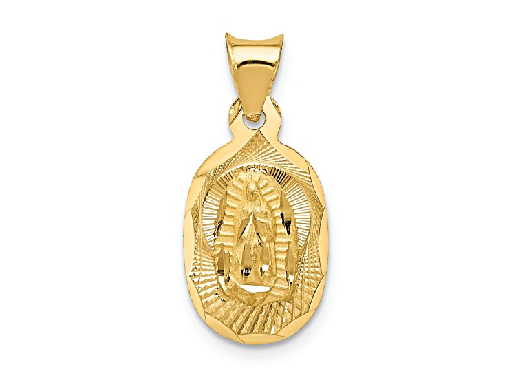 14k Yellow Gold Polished, Brushed and Diamond-Cut Lady of Guadalupe Oval Pendant