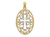 Rhodium Over 14K Two-tone Gold Beaded Filigree Cross Charm Pendant