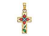 14k Yellow Gold Enameled with Flower Cross Charm