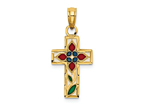 14k Yellow Gold Enameled with Flower Cross Charm