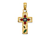 14k Yellow Gold Enameled with Flower Cross Charm