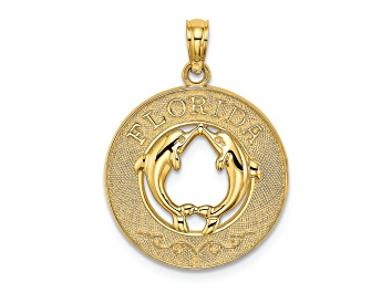 Picture of 14k Yellow Gold Textured FLORIDA with Dolphins Circle Charm