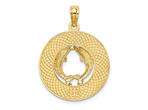 14k Yellow Gold Textured FLORIDA with Dolphins Circle Charm