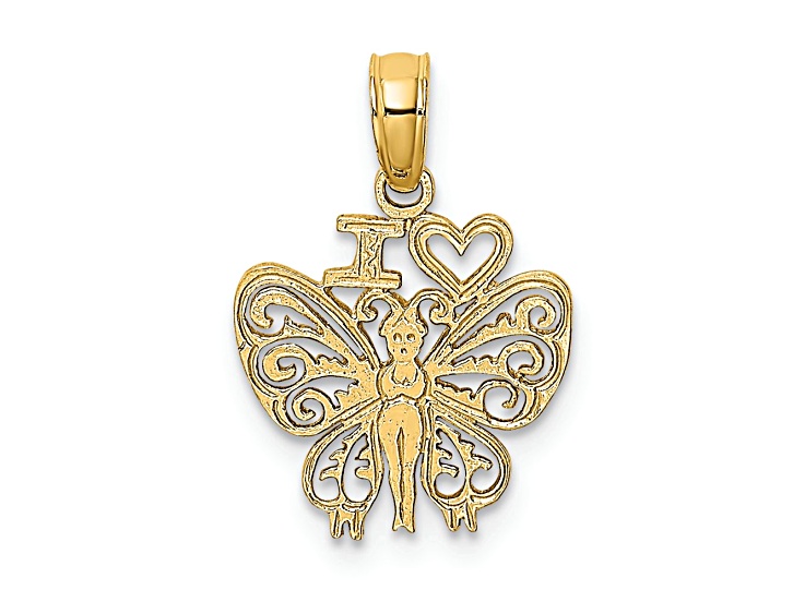A♡ 14k Yellow Gold Textured I LOVE (HEART) Butterfly Charm - 15LSYA | JTV