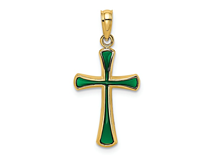 14k Yellow Gold Green Enameled Tapered Cross Charm