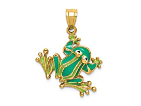 14k Yellow Gold Green Enameled Frog Pendant