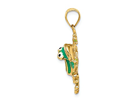 14k Yellow Gold Green Enameled Frog Pendant