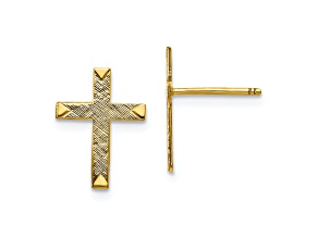 14k Yellow Gold Brushed and Textured Finish Cross Stud Earrings