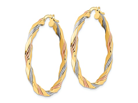 14K Yellow Gold and Rhodium Over 14K Yellow Gold 1 7/16" Polished Twisted Hoop Earrings