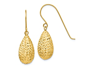 14K Yellow Gold Textured Puffed Teardrop Dangle Earrings