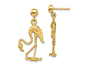 14k Yellow Gold 3D Textured Flamingo Dangle Earrings