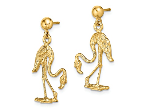 14k Yellow Gold 3D Textured Flamingo Dangle Earrings