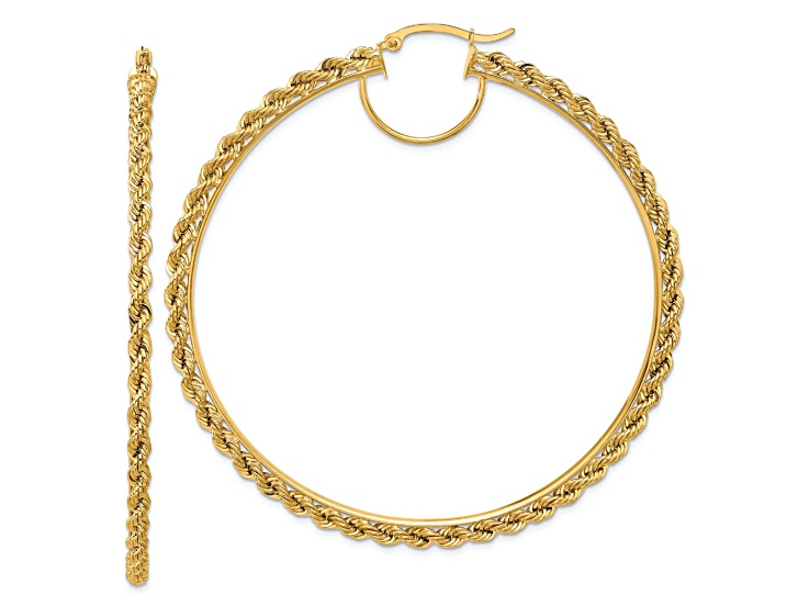 10k Yellow Gold 2 3/4" Polished and Diamond-Cut Rope Hoop Earrings