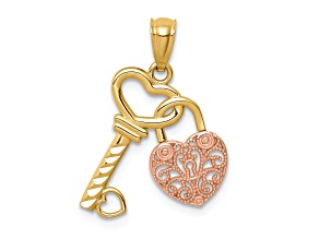 14K Two-tone Polished Filigree Heart Lock and Diamond-cut Key Charm