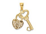 14K Two-tone Polished Filigree Heart Lock and Diamond-cut Key Charm