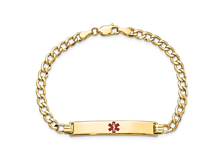 14k Yellow Gold Medical Polished Red Enamel Curb ID Bracelet