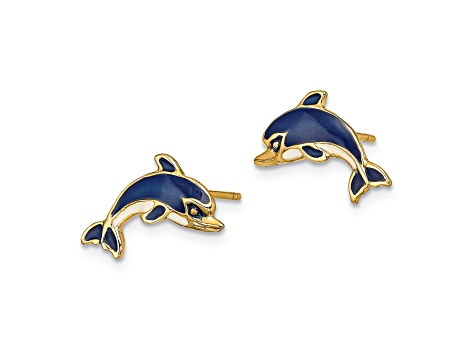 14k Yellow Gold Blue and White Enameled Dolphin Stud Earrings