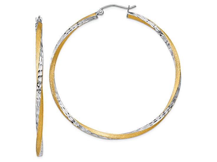 14k Two-tone 1 15/16" Diamond-Cut and Satin Twist Hoop Earrings