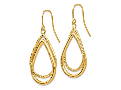 14K Yellow Gold Polished and Textured Teardrop Dangle Earrings