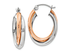 14K Rose Gold and 14K White Gold Polished 7/8" Oval Tube Hoop Earrings