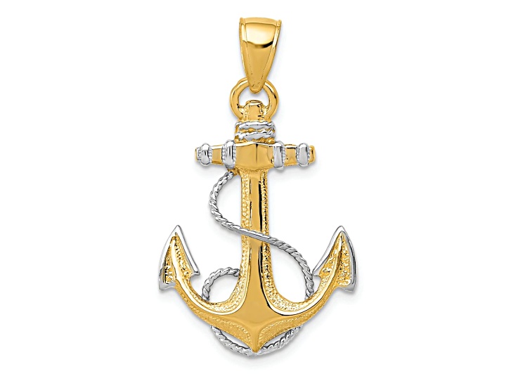 10K Yellow Gold and Rhodium Over 10K Yellow Gold Textured Anchor with Rope Pendant