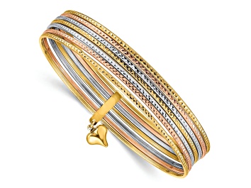 Picture of 14k Yellow Gold, 14k White Gold and 14k Rose Gold Set of 7 Textured Slip-on Bangle with Dangle Heart