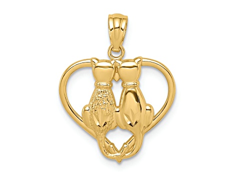14K Yellow Gold Sitting Cats in a Heart Pendant