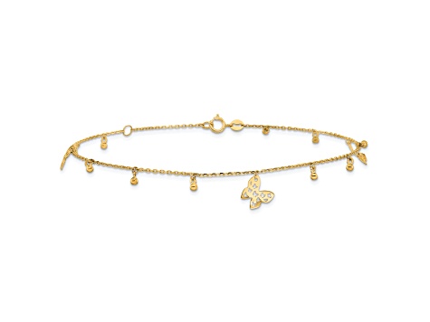 14K Yellow Gold Polished Butterfly 9-inch Plus 1-inch Extension Anklet