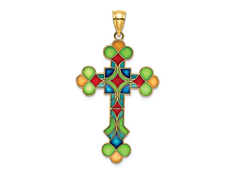 14k Yellow Gold Multi Color Enameled Cross Charm