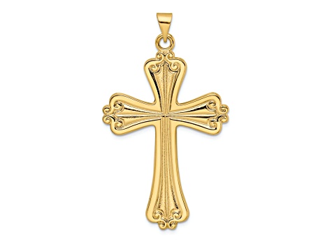 14k Yellow Gold Solid Polished and Textured Solid Fancy Cross Pendant