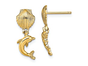 14K Yellow Gold Textured Dolphin Dangle From Mini Scallop Earrings