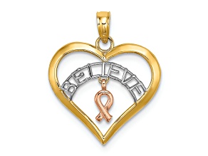 14k Tri-color Gold BELIEVE in Heart with Breast Cancer Ribbon Charm