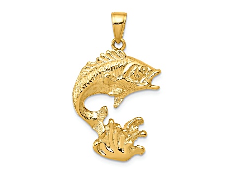 14k Yellow Gold Polished and Textured Open-Backed Bass Fish Pendant