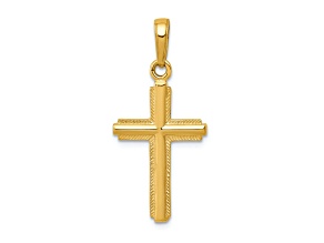 14k Yellow Gold Polished Cross with Striped Border Pendant
