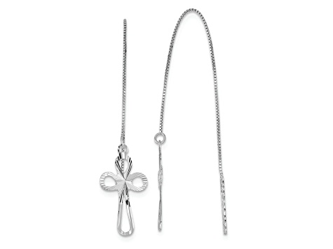 Rhodium Over 14k White Gold Polished and Diamond-Cut Box Chain with Cross Dangle Earrings