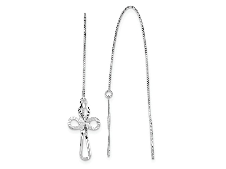 Rhodium Over 14k White Gold Polished and Diamond-Cut Box Chain with Cross Dangle Earrings