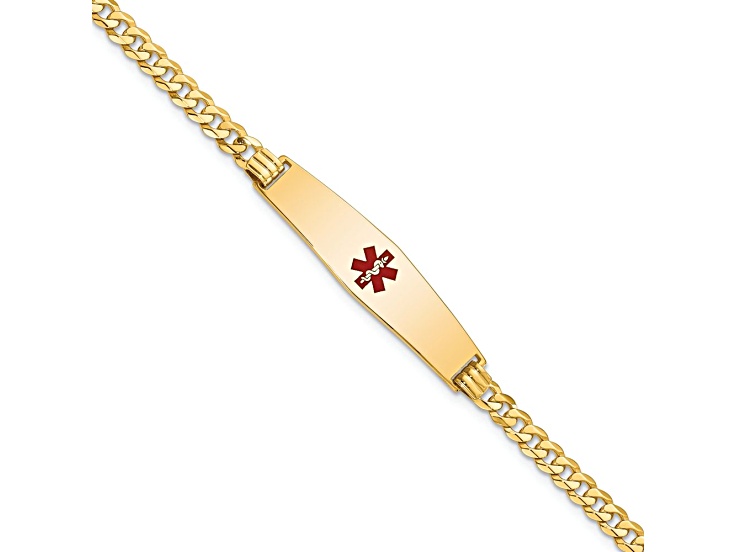 14k Yellow Gold Medical Soft Diamond Shape Red Enamel Flat Curb Link ID Bracelet