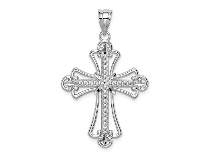 Rhodium Over 14k White Gold Polished, Diamond-Cut and Textured Cross Pendant
